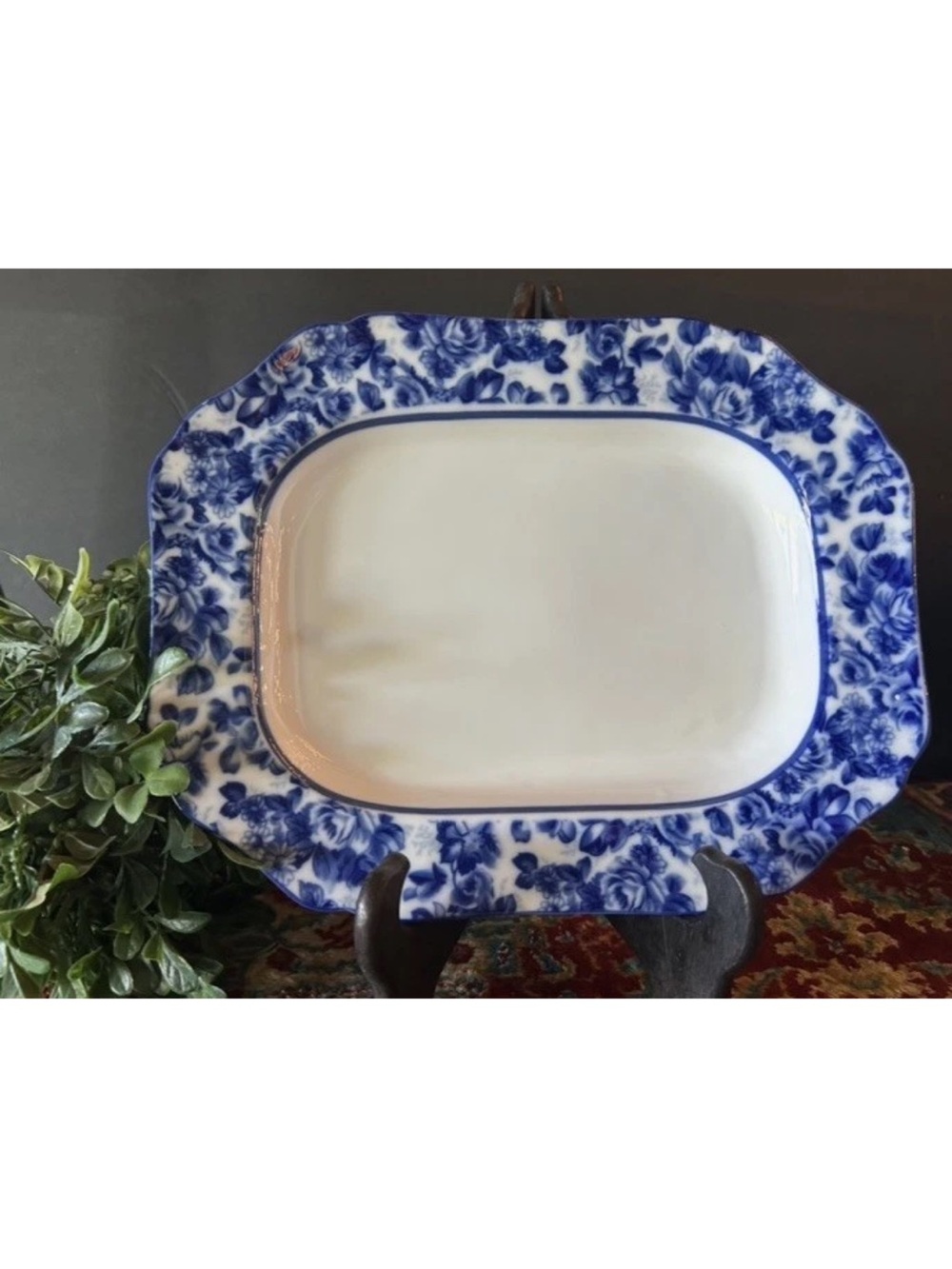 Cracker Barrel Blue White Porcelain Floral Rectangle Serving Tray Excellent
